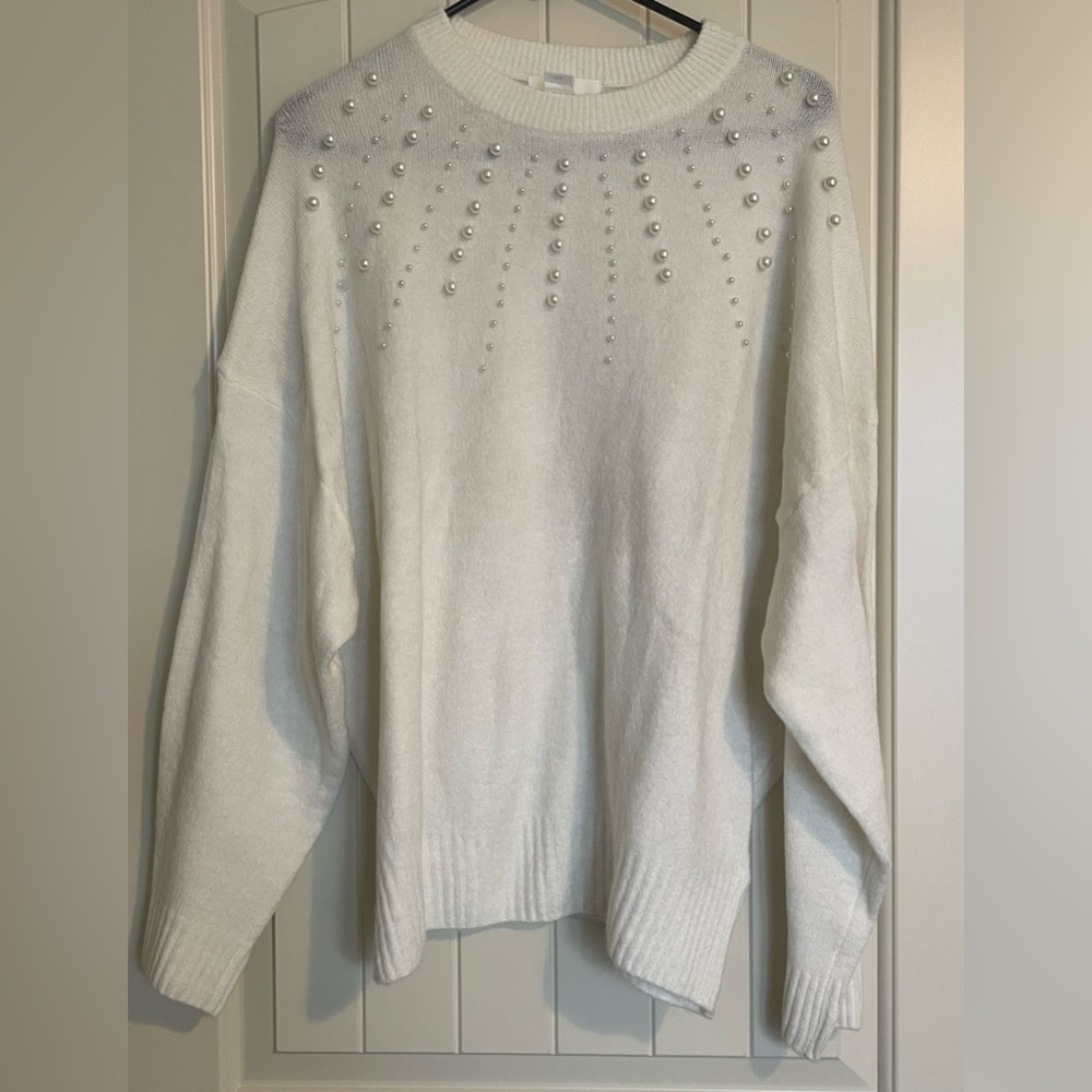 H&M White Crew Neck Sweater with Decorative Embellishments